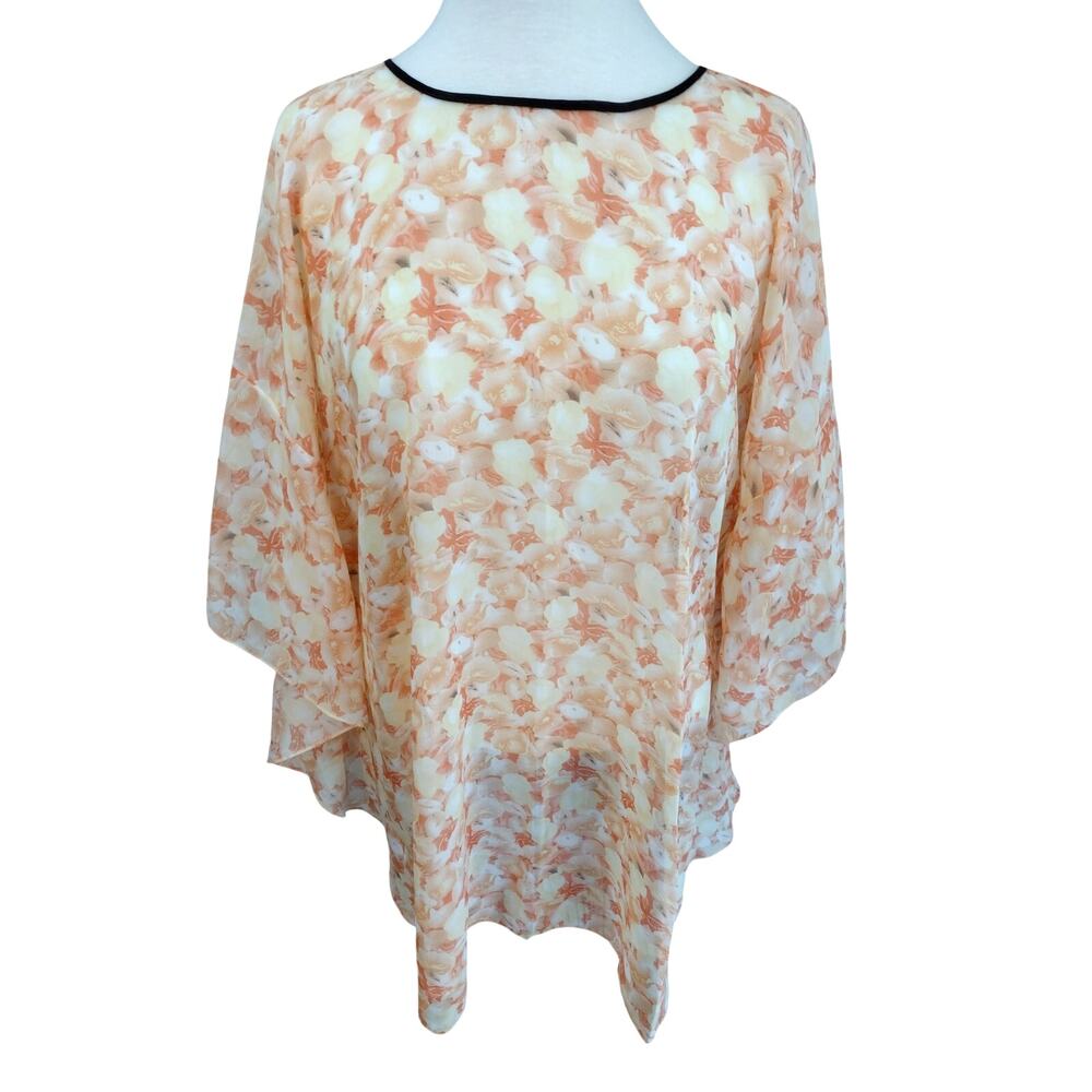 Jovie NEW Orange Watercolor Floral Sheer Chiffon Kaftan Tunic Blouse One Size